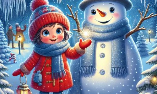 Clara, an 11-year-old girl, stands center stage, her eyes shining with excitement and curiosity. She wears a bright red coat, a blue wool scarf, and matching gloves, her cheeks rosy from the cold. She gazes in awe at a large snowman, Frosty, beside her, smiling with coal eyes and a top hat. Frosty, made of sparkling snow, appears warm and friendly, his branch arms outstretched as if to welcome Clara. The setting is an enchanted forest, where trees are covered in a thick layer of snow, their branches bending under the weight. Snowflakes gently fall from the sky, creating a magical and peaceful atmosphere. In the distance, twinkling lights and shadows of joyful families suggest a winter celebration. The main scene shows Clara and Frosty preparing for a winter festival, with Clara holding a small pouch filled with sparkling snowflakes, ready to share the magic of winter with her friends.