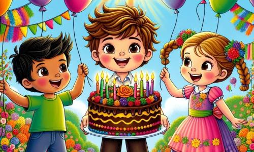 Lucas, un niño de cuatro años con cabello castaño desordenado y una gran sonrisa, está en el centro del jardín, rodeado de globos de colores. A su derecha, Paula, una niña con trenzas rubias y un vestido rosa, sostiene un delicioso pastel de chocolate decorado con velas brillantes. A la izquierda, Tomás, un niño de cabello negro y corto, vestido con una camiseta verde, sostiene una piñata en forma de dragón, listo para golpearla. El jardín está lleno de flores vibrantes y guirnaldas de colores colgadas entre los árboles. El sol brilla en un cielo azul claro, añadiendo un toque de magia a la escena festiva. La situación principal muestra a Lucas, Paula y Tomás celebrando el cumpleaños de Lucas, rodeados de risas y alegría, mientras se preparan para cantar 
