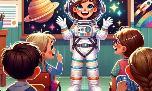 Eine Astronautin, Dr. Clara Weiss, steht im Mittelpunkt des Bildes, lächelnd und voller Begeisterung, in einem eleganten, glänzenden weißen Raumanzug mit bunten Details. Ihre braunen Haare sind zu einem Pferdeschwanz gebunden, und ihre Augen strahlen vor Freude, während sie einer Gruppe von Kindern von ihren Abenteuern im Weltraum erzählt. Unter den Kindern ist Tim, ein 8-jähriger Junge mit runden Brillen und zerzausten Haaren, der fasziniert zuhört. Neben ihm hebt Lisa, ein 7-jähriges Mädchen mit langen, geflochtenen blonden Haaren, die Hand, um eine Frage zu stellen, ihr Gesicht leuchtet vor Aufregung. Die Szene spielt in einem großen, bunten Klassenzimmer, dekoriert mit Postern von Planeten und funkelnden Sternen, mit Holztischen und einer Tafel im Hintergrund. Clara erzählt von ihren unglaublichen Erfahrungen im Weltraum, während die Kinder, gefesselt, sich interstellare Reisen vorstellen, ihre Gesichter strahlen vor Staunen und Neugier.