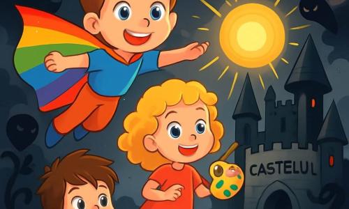 Artiom, un băiat de 10 ani cu ochi albaștri strălucitori și un zâmbet radiant, poartă o capă colorată care strălucește ca un curcubeu. El zboară în aer, cu brațele desfăcute, având o expresie de determinare și bucurie pe față. Lângă el, Mari, o fetiță de 9 ani cu părul creț și auriu, ține o paletă de vopsea magică, creând raze de soare care iluminează cerul întunecat. Ticu, un băiat de 8 ani cu părul brun zbârlit, se află lângă un grup de păsări colorate, chemându-le cu entuziasm să-l ajute. Scena se desfășoară în fața castelului Baronului Umbros, o clădire veche și amenințătoare, înconjurată de nori negri și creaturi de umbră. Castelul este făcut din pietre gri, cu turnuri ascuțite și feronerie întunecată, contrastând cu lumina pe care o aduc copiii. Situația principală arată cum Artiom și prietenii săi sunt uniți într-o luptă eroică pentru a elibera bucuria și culoarea din lume, înfruntându-l pe Baronul Umbros și creaturile sale, plini de curaj și speranță.