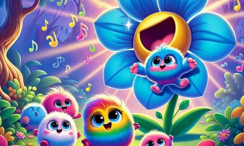 Momo, o pequeno monstro colorido, é um ser alegre com pelagem em arco-íris e grandes olhos brilhantes que cintilam de excitação. Ele dança animadamente ao redor de uma imensa flor azul, seu sorriso radiante refletindo sua alegria. Ao seu lado, um grupo de Fofos, pequenas criaturas peludas e redondas, pulam de felicidade, seus pelos macios e coloridos ondulando ao ritmo da música. O cenário mágico é a Floresta das Maravilhas, uma floresta encantada onde as árvores tortuosas parecem sorrir e raios de luz filtram pelas folhas, criando uma atmosfera mágica. Momo e os Fofos celebram juntos o dia da flor azul, dançando e rindo ao redor da flor gigante, cheios de felicidade e energia, enquanto notas musicais flutuam no ar, criando um ambiente festivo e alegre.