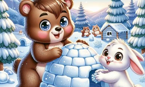Un pequeño oso marrón llamado Bruno, con un pelaje suave y ojos brillantes de curiosidad, está construyendo un iglú en la nieve. Sonríe ampliamente, con las mejillas sonrojadas por el frío, mientras apila bolas de nieve con entusiasmo. A su lado, su amigo Lucas, un pequeño conejo blanco con grandes orejas y pelaje sedoso, le ayuda lanzando bolas de nieve. Lucas tiene una mirada alegre y traviesa, sus patas se agitan en la nieve, listo para jugar. El paisaje es un hermoso escenario invernal, con árboles majestuosos cubiertos de nieve brillante, un cielo azul claro y copos de nieve cayendo suavemente a su alrededor. La escena muestra a Bruno y Lucas en plena acción, riendo y divirtiéndose mientras crean juntos su iglú, simbolizando la amistad y la alegría del invierno.