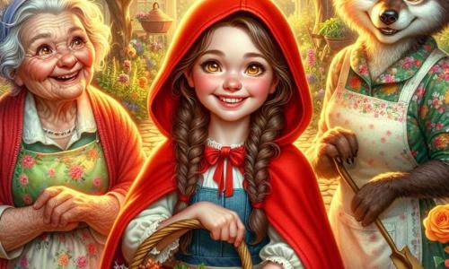 Cappuccetto Rosso, una bambina di circa 8 anni, indossa un mantello rosso vivo con un cappuccio che incornicia il suo viso sorridente. I suoi occhi brillanti di curiosità scintillano di eccitazione mentre tiene un cestino pieno di deliziose leccornie. Accanto a lei, la nonna, una donna anziana dal viso dolce e rugoso, è vestita con un abito floreale e un grembiule. Sorride calorosamente, con le braccia aperte, pronta ad accogliere la nipotina nel suo giardino incantato. Il lupo gentile, un animale dagli occhi brillanti e dal pelo setoso, si trova vicino a loro, con un'espressione amichevole e un'aria servizievole. Tiene una pala nella zampa, pronto ad aiutare a piantare fiori. La scena si svolge in un giardino lussureggiante, pieno di fiori colorati, cespugli verdi e sentieri in pietra. Il sole splende alto nel cielo, illuminando il paesaggio con una dolce luce dorata. Cappuccetto Rosso e la nonna lavorano insieme con il lupo per abbellire il giardino, ridendo e condividendo storie, creando un'atmosfera gioiosa e calorosa.