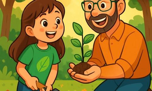 Uma menina de 10 anos, Clara, com longos cabelos castanhos e olhos brilhantes de curiosidade, sorri alegremente segurando uma pequena pá nas mãos. Ela usa uma camiseta verde vibrante com um padrão de folha e um short de jeans, com as bochechas levemente rosadas de excitação. Ao lado dela, um homem de cerca de 40 anos, o Sr. Carlos, com uma barba bem feita e óculos, a encoraja com um grande sorriso, segurando uma muda de árvore nas mãos. Eles estão em um parque verdejante, cercado por árvores majestosas e flores coloridas, com raios de sol filtrando através das folhas. Clara e o Sr. Carlos estão plantando uma nova árvore na terra solta, simbolizando seu compromisso com a natureza e a ecologia.