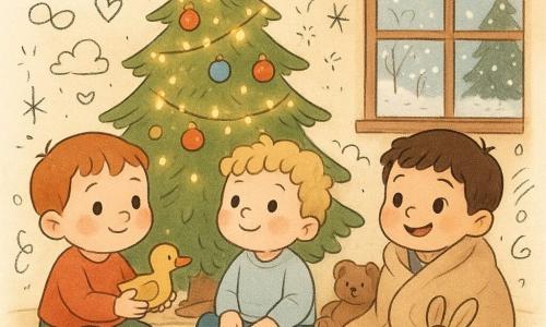 Drie jongetjes van één jaar oud zitten in een gezellige kamer met een grote, versierde kerstboom. Een jongetje met rode wangen houdt een houten eendje vast. Een ander met blonde krullen kijkt naar de lampjes van de boom. Het derde jongetje, met bruine haren en sprankelende ogen, is in een zachte deken gewikkeld en glimlacht. Buiten de sneeuwvlokken vallen zachtjes. De drie jongens zijn gefascineerd door de schitterende lichtjes van de kerstboom, omringd door houten speelgoed en knuffels, wat een feestelijke en warme sfeer creëert. De lichtjes weerspiegelen in hun ogen, wat een magische sfeer toevoegt.