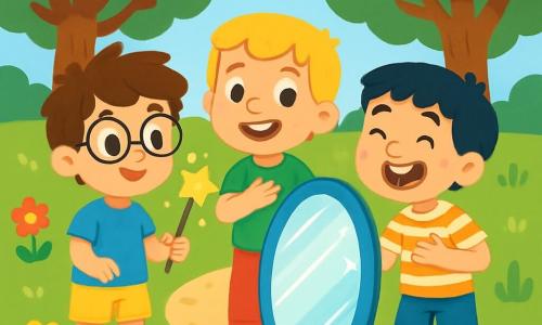 Hay 3 personajes: - Tomás: un niño de 7 años, con cabello castaño despeinado y gafas redondas. Lleva una camiseta azul y un pantalón corto amarillo. Sostiene un bastón mágico brillante en su mano derecha y sonríe con curiosidad. - Leo: un niño de 6 años, con cabello rubio y ojos brillantes. Lleva una camiseta verde y un pantalón rojo. Está mirando en un espejo mágico, con una expresión alegre en su rostro. - Javier: un niño de 7 años, con cabello negro y pecas. Lleva una camisa a rayas y un pantalón corto de mezclilla. Está al lado de Leo, riendo y mostrando su propio reflejo en el espejo. La escena principal tiene lugar en un parque soleado, lleno de flores coloridas con pétalos brillantes de rojo, amarillo y violeta. Grandes árboles con hojas verdes se mueven suavemente con el viento, y un camino de grava serpentea a través del parque, llevando a un espejo mágico que brilla con una luz suave. La situación principal de la historia muestra a los tres amigos descubriendo el espejo mágico. Tomás, con su bastón brillante, está frente al espejo, mientras Leo y Javier lo animan a expresar sus emociones. Sus rostros están iluminados por la magia del espejo, y una atmósfera de alegría y camaradería flota a su alrededor.