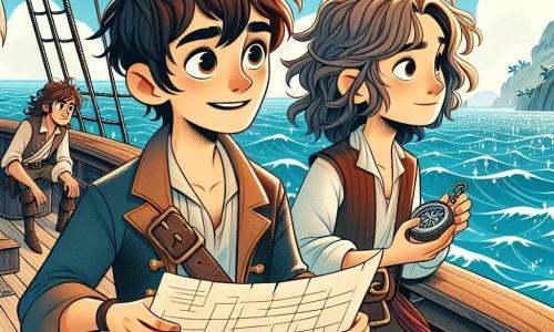 Hernán, un joven de unos 20 años, está al borde de un barco pirata llamado "Viento del Sur". Tiene el cabello castaño desordenado, ojos brillantes de curiosidad y una sonrisa decidida. Sostiene un viejo pergamino en sus manos, mirando el horizonte con una expresión de emoción y aventura. A su lado, Marta, una navegante experta de unos 25 años, tiene el cabello largo y ondulado, y lleva una blusa de marinero. Está concentrada en una brújula, ajustando su rumbo con confianza. Un poco más lejos, Tomás, un joven de 18 años, está agachado cerca del borde del barco, reparando una tabla con herramientas, mostrando una expresión seria pero decidida. El lugar es un océano vasto y azul, con olas brillantes bajo un cielo soleado salpicado de nubes blancas. A lo lejos, se ve la silueta misteriosa de una isla verde, rodeada de playas doradas y palmeras moviéndose con el viento. La escena principal muestra a Hernán y su valiente equipo de piratas en plena aventura, listos para descubrir la legendaria Isla de los Deseos, con expresiones de anticipación en sus rostros mientras navegan hacia lo desconocido.