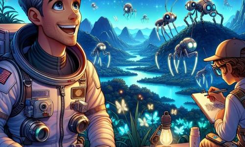 O personagem principal, o Comandante Lucas, é um homem na casa dos quarenta anos, com cabelos castanhos levemente grisalhos e olhos brilhantes de curiosidade. Ele usa um traje espacial brilhante, adornado com símbolos de exploração, e exibe um largo sorriso, expressando tanto excitação quanto determinação enquanto observa a paisagem extraterrestre. Ao seu lado está Mara, uma jovem bióloga de 25 anos, com cabelos longos e cacheados, e óculos que escorregam pelo nariz. Ela segura um pequeno caderno de esboços, desenhando as criaturas luminosas que voam ao redor deles, com os olhos brilhando de fascínio. Um pouco atrás, um engenheiro chamado Tom, um homem de 30 anos com uma barba bem cuidada e um boné, ajusta um robô assistente que ajuda a construir a colônia, com uma expressão concentrada. O cenário é uma paisagem extraterrestre deslumbrante, com colinas verdejantes e oceanos cintilantes sob um céu estrelado, onde duas luas brilham intensamente. Criaturas brilhantes, parecidas com vagalumes metálicos, dançam no ar, iluminando a noite com um suave brilho. A situação principal mostra Lucas e Mara admirando a beleza de Gliese 581g, enquanto Tom trabalha no robô, todos unidos em sua missão de construir uma nova colônia, cheios de esperança e admiração diante do desconhecido.
