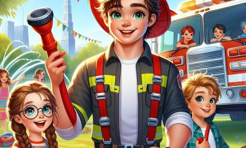 In the center of the image, a firefighter named Finn, a tall and muscular man with tousled brown hair and sparkling eyes, smiles warmly while holding a fire hose. He wears a bright red firefighter suit and a shiny helmet, standing in front of a gleaming fire truck, ready to share his knowledge about fire safety. Next to him, a 7-year-old girl named Lily, with long braided brown hair and round glasses, enthusiastically raises her hand, her eyes shining with curiosity. She wears a colorful t-shirt and shorts, standing on her tiptoes to get a better view of the truck. An 8-year-old boy named Jake, with messy blonde hair and a mischievous smile, stands slightly back, holding a water balloon, ready to join a game. He wears blue shorts and a striped t-shirt, displaying a playful expression. The scene takes place in a sunny park filled with greenery, majestic trees, and joyful families in the background. Colorful banners flutter in the wind, and a large sign reads "Fire Safety Awareness Day." The main situation shows Finn explaining the importance of fire safety to the children, while Lily and Jake listen attentively, surrounded by laughter and excitement, eager to learn and have fun.
