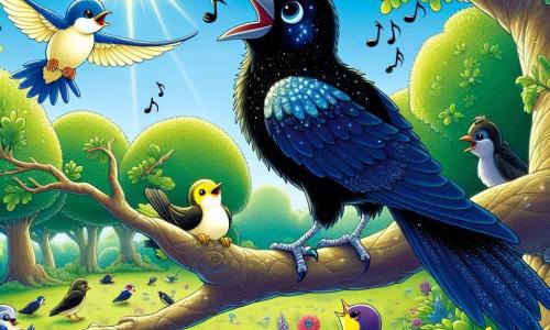 Un corvo di nome Corvino, con un piumaggio nero lucente e riflessi blu scintillanti, si trova su un ramo di una grande quercia, con uno sguardo curioso e gioioso, cantando una dolce melodia che attira l'attenzione degli altri animali. Vicino a lui, una piccola rondine di nome Ronda, con un piumaggio giallo vivace e ali delicate, lo ascolta con ammirazione, appollaiata su un ramo più basso, battendo le ali con entusiasmo. Sullo sfondo, un magnifico boschetto verde si estende, punteggiato di fiori colorati e sotto un cielo azzurro chiaro, dove la luce del sole filtra tra le foglie, creando un'atmosfera incantata. La scena rappresenta Corvino che canta con passione, circondato da animali curiosi che si radunano per ascoltare la sua musica, illustrando la magia dell'amicizia e della musica nella foresta.