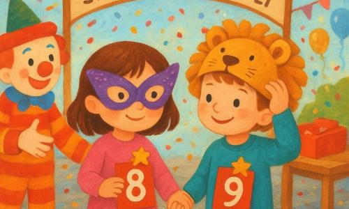 Ci sono due bambini di 3 anni: Lina, piccola con capelli castani e una maschera da farfalla viola dalle ali brillanti, a sinistra tiene la mano di Teo e attacca con una molletta a stella il numero rosso 8; Teo, a destra, capelli corti, indossa un cappello da leone con criniera in stoffa color senape, sorride a Lina e sistema il suo cappello mentre sul suo nastro è fissato il numero rosso 9. Sono in una piazza di carnevale colorata con pavé grigio, festoni multicolori, un arco in legno con la scritta 