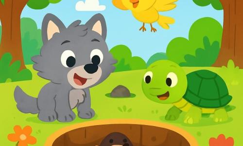 Un piccolo lupo curioso di nome Leo, con un morbido pelo grigio e occhi scintillanti di malizia, si trova al bordo di un grande buco nel terreno, mostrando un'espressione di meraviglia e gioia. Accanto a lui, un piccolo uccello giallo vivace di nome Pippo, con ali delicate e un sorriso birichino, vola in cerchio sopra il buco, guardando con curiosità. Una tartaruga verde e carina, di nome Tina, con un guscio lucido e occhi saggi, osserva attentamente il buco, mostrando un'espressione di eccitazione e determinazione. Il luogo è una radura incantata in una foresta verdeggiante, circondata da alberi maestosi con foglie brillanti di verde e fiori colorati che danzano al vento. La luce del sole filtra tra i rami, creando ombre danzanti sul terreno. In questa scena, Leo, Pippo e Tina scoprono un misterioso buco nel terreno, dove una famiglia di piccole talpe gioca felicemente a nascondino, aggiungendo un tocco di magia e risate alla loro avventura.