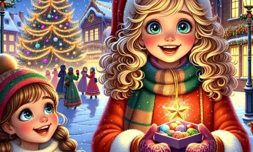 Una bambina di 7 anni, Anna, con capelli biondi e ricci, occhi scintillanti di gioia e un grande sorriso, si trova al centro della scena, tenendo un ciondolo a forma di stella scintillante nella mano. Indossa un cappotto rosso vivo con una sciarpa a righe e guanti di lana, ed è meravigliata dalla magia che la circonda. Accanto a lei, la sua migliore amica Sofia, anche lei di 7 anni, con capelli castani e lisci, indossa un bel vestito verde e un berretto di lana, sorridendo ad Anna con ammirazione. Sofia tiene una piccola scatola di caramelle colorate, pronta a condividerle. Sullo sfondo, il villaggio di Nevefelice è illuminato da luci scintillanti, con case di legno decorate e un grande albero di Natale al centro della piazza, ornato di palline colorate e ghirlande dorate. La neve copre il suolo, creando un paesaggio incantato. La scena principale mostra Anna e Sofia circondate da bambini che danzano e giocano felicemente, mentre gli adulti ridono e si scambiano auguri di Natale. L'atmosfera è festosa e calorosa, piena di magia e felicità, catturando lo spirito del Natale in questo incantevole villaggio.