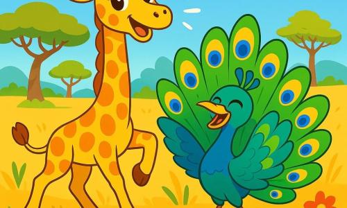 Una giraffa di nome Gina, con un lungo collo elegante e macchie dorate, danza gioiosamente sotto un cielo blu splendente, i suoi grandi occhi brillanti di curiosità e felicità. Accanto a lei, un pavone di nome Paolo, con piume brillanti di verde e blu, ride mostrando le sue magnifiche ali spiegate, aggiungendo un tocco di magia alla scena. Il decor è una savana soleggiata, punteggiata di alberi maestosi e fiori colorati, dove la leggera brezza fa danzare l'erba alta. Al centro dell'illustrazione, Gina e Paolo si divertono insieme, circondati da risate e colori vivaci, catturando lo spirito di amicizia e avventura della loro giornata al museo delle meraviglie.