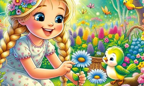Ein 8-jähriges Mädchen, Lina, mit langen, geflochtenen blonden Haaren und einem breiten Lächeln, hockt in einem bunten Garten, umgeben von leuchtenden Blumen in allen Farben. Sie trägt ein leichtes, blumenmusterndes Kleid und sieht fasziniert aus, mit glänzenden Augen der Freude, während sie zart eine schöne blaue Blume berührt. Neben ihr sitzt ein kleiner Vogel namens Pico, mit gelben und grünen Federn, der fröhlich auf einem Ast singt. Er wirkt freundlich und neugierig und schaut Lina begeistert an. Der Garten ist ein wahres Frühlingsbild, mit blühenden Bäumen, schwirrenden Schmetterlingen und Sonnenstrahlen, die durch die Blätter filtern. Rosa, gelbe und violette Blumen umgeben sie und schaffen eine magische und fröhliche Atmosphäre. Die Szene zeigt Lina und Pico, die die Wunder des Frühlings entdecken, mit Blumensamen in der Hand, bereit, sie gemeinsam in die fruchtbare Erde zu pflanzen, was das Staunen und die Freude der Jahreszeit symbolisiert.