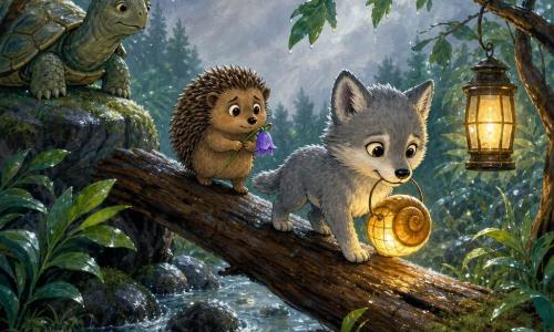 A small silvery-gray wolf with moon-bright eyes, pointed ears and soft fur, wearing a focused yet kind expression, gently holds a snail-shell lantern glowing warm yellow in its mouth and cautiously crosses a tilted stump bridge; a round spiky brown hedgehog with worried but relieved eyes follows just behind, clutching a small purple bellflower. To the right a lantern hangs from a low branch, its light making a soft halo; to the left an old calm tortoise watches from a mossy rock. The wet forest after a storm shows shining stones, soaked green leaves, sparkling raindrops, low wind-bent branches and a pearl-gray sky filtering soft light. The wolf guides the hedgehog through a dangerous but safe passage, with a reassuring post-storm atmosphere of warm light and cool drenched vegetation.