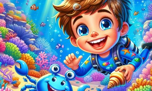 Un niño de 8 años, llamado Martín, con cabello castaño despeinado y ojos llenos de curiosidad, nada alegremente bajo el agua, sonriendo. Lleva un traje de buceo azul con dibujos de peces coloridos y sostiene una concha en sus manos, maravillado por la belleza del mundo marino que lo rodea. A su lado, un cangrejo azul llamado Don Burbujas, con grandes pinzas y una expresión traviesa, flota cerca de él, mostrando el camino con una pequeña danza. El fondo es un vibrante arrecife de coral, lleno de corales de colores rosa, naranja y violeta, donde nadan peces multicolores y estrellas de mar brillantes sobre el fondo arenoso. La escena muestra a Martín y Don Burbujas explorando juntos el arrecife en busca de la misteriosa Perla Fresca, rodeados de la alegre y luminosa vida marina.