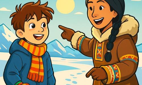 Um garoto de 12 anos, Miguel, com cabelos castanhos bagunçados e olhos brilhantes de curiosidade, está no topo de uma colina coberta de neve. Seu rosto expressa deslumbramento, com um sorriso largo e bochechas rosadas pelo frio. Ele usa um grosso casaco azul, luvas coloridas e um cachecol listrado, olhando ao longe. Ao seu lado, a Sra. Ári, uma mulher Inuit de cerca de 30 anos, com longos cabelos negros trançados e um rosto acolhedor, sorri enquanto aponta para a paisagem. Ela veste uma parka tradicional decorada com padrões coloridos, mantendo-se um pouco atrás, mas próxima de Miguel, compartilhando esse momento de admiração. O cenário é uma vasta extensão de neve brilhante, com montanhas majestosas ao fundo sob um céu azul claro, salpicado de nuvens brancas. O sol está baixo no horizonte, projetando sombras longas e douradas no chão. A cena principal mostra Miguel e a Sra. Ári admirando a paisagem ártica, com pegadas na neve fresca, simbolizando sua aventura juntos e a beleza do mundo ao seu redor.