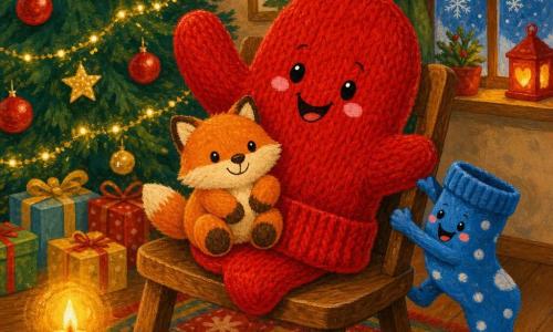 A large red wool mitten (main character), expressive and joyful with black embroidered eyes and small pink cheeks, sits on a wooden chair lifting one side as if bouncing; a soft orange-and-beige plush fox (secondary) cuddles against the mitten on the chair's lap; a small blue polka-dot sock (secondary), mischievous and laughing, hangs from the chair's edge to the right; a short candle on the table (secondary) emits a warm orange flame and golden halo at the front left; the cozy Christmas living room features a decorated green tree with red baubles and gold stars, sparkling garlands, a patterned rug, a frosted window with falling snowflakes and colorful presents at the tree's base; the mitten has just landed on the chair and discovered the fox inside an opened gift, warm atmosphere, simple composition, bright contrasting colors, woolly soft textures, warm candle and garland light.