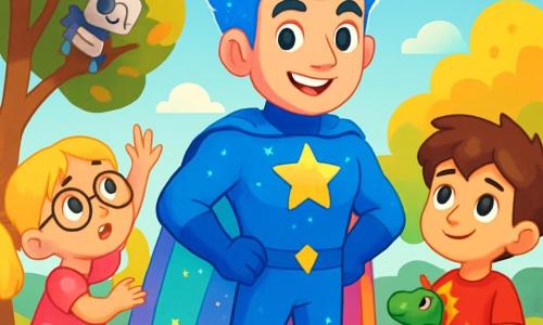 A male superhero named Neon Nova stands center stage, with shiny blue hair sparkling in the sun. His costume is a bright blue adorned with small shining stars, and his iridescent cape resembles the Northern Lights. He wears a warm, determined smile, ready to help. To his right, an 8-year-old boy with messy brown hair looks at Neon Nova in admiration. He wears a red t-shirt and blue shorts, holding a dragon-shaped toy in his hands, captivated by the superhero's presence. To the left, a 6-year-old girl with blonde pigtails and round glasses is trying to reach a small robot stuck in a tree. She wears a pink polka-dot dress and looks focused, arms raised towards the robot. The scene takes place in a vibrant park with multicolored trees and a blue sky dotted with fluffy clouds. In the background, a bubble fountain joyfully splashes, adding a magical touch to the environment. Neon Nova is preparing to use his luminous powers to help the girl rescue the robot from the tree, while the boy cheers him on enthusiastically.