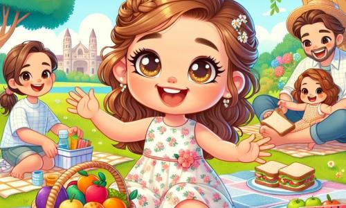 Una bambina di 2 anni, Sofia, con grandi occhi scintillanti e capelli ricci castani, sorride felicemente tenendo un cestino da picnic pieno di frutti colorati. Indossa un vestito leggero a fiori e sandali, seduta su una coperta a quadri sotto un grande albero. Accanto a lei, sua madre, una donna di circa 30 anni con capelli lunghi e castani raccolti in un chignon, prepara panini con un grande sorriso, seduta sull'erba. Un po' più in là, suo padre, un uomo di circa 35 anni con una leggera barba e un cappello di paglia, costruisce un piccolo castello di sabbia, ridendo con entusiasmo. Il luogo è un parco verde, soleggiato, con alberi maestosi, fiori colorati e un cielo blu brillante. Gli uccelli cantano gioiosamente tra i rami. La scena principale mostra Sofia e la sua famiglia che godono di un picnic all'aperto, circondati da risate e gioia, con giochi e risate che aleggiando nell'aria.