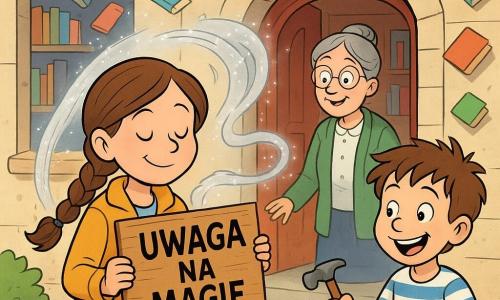 Dziesięcioletnia Maja, uśmiechnięta lecz skupiona, z długim brązowym warkoczem, w musztardowej kurtce i czerwonych botkach, wbija przed biblioteką małą drewnianą tabliczkę z napisem „UWAGA NA MAGIĘ”. Obok po prawej stoi 10-letni Tymek, roześmiany i nieco potargany, w paskowanej koszulce i dżinsach, trzyma młotek i patrzy na żabę w okularach siedzącą na mureczku. W framudze drzwi uśmiechnięta i zaskoczona bibliotekarka Pani Ela (ok. 50 lat), szare włosy w koku, okulary na łańcuszku. Magiczny wiatr przedstawiony jako srebrna smuga z migoczących piórek owija tabliczkę i muska postacie. Fasada biblioteki z jasnego kamienia, czerwone drewniane drzwi, przez okno widać półki, a wokół wejścia skaczące kolorowe książki. Jasna, żywa scena, wyraźne kreski, przesadzone zabawne ekspresje, kompozycja skupiona na Mai i tabliczce, klimatu fantasy z humorem i życzliwością.