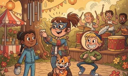 A joyful, focused 12-year-old girl with a round freckled face, brown ponytail, colorful patchwork jacket and star mask offers a small paper cup of lemon water to silver chimes to steady enchanted music in the carnival's main circle in a public garden—irregular flagstone ground, colorful bunting, paper lanterns in an oak, bright stalls and flowers—while an enthusiastic, comic 12-year-old boy (Niko) with tousled blond hair, feathered hat and sneakers dances behind her ready to help, a calm, mischievous 12-year-old girl (Lila) in a shimmering blue beaded costume with beaded braids stands left smiling with an empty jug, a curious masked 7-year-old tiger-child claps at the center, and adult drummers on a wooden platform in the background beat large red-and-gold drums emitting visible vibrations; warm late-afternoon light, long shadows, saturated colors, rounded expressive features, visible fabric textures and exaggerated rubber-hose movement.