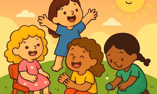 There are 4 children: - Girl 1: A 5-year-old girl with curly golden hair, wearing a pink dress with flowers. She is sitting on a small red chair, smiling joyfully. - Girl 2: A 4-year-old girl with smooth brown hair, dressed in a blue tunic. She is standing with her arms open, as if she wants to catch the clouds. - Girl 3: A 5-year-old girl with black braided hair, wearing a green dress. She is squatting, examining a shiny pebble in the grass. - Girl 4: A 4-year-old girl with curly chestnut hair, wearing a yellow t-shirt. She is sitting next to Girl 1, laughing and holding a piece of bread. The setting is a gentle, green hill dotted with colorful flowers and bathed in soft sunset light. The sky is a mix of pink and orange, and a small sparkling stream runs down the hill. The main scene shows the four girls laughing together, sharing a moment of happiness while discussing clouds and birds, creating a joyful and magical atmosphere.