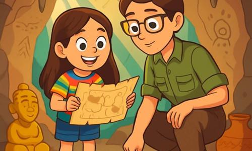 Emma, an 8-year-old girl, is at the center of the image. She has long brown hair, sparkling curious eyes, and a big smile on her face. She wears a colorful t-shirt, denim shorts, and hiking boots, holding an old map in her hands, her eyes wide with excitement. Beside her is her mother, Dr. Laura, a woman in her forties with brown hair in a bun and glasses. She is dressed in a khaki shirt and hiking pants, carefully examining the map with a focused expression. Their environment is a mysterious cave, with stone walls adorned with ancient carvings and stalactites hanging from the ceiling. Rays of light filter through cracks, illuminating hidden treasures like golden statues and ancient pottery scattered around them. The main scene shows Emma and Dr. Laura discovering an ancient map on the ground, surrounded by fascinating artifacts, ready to embark on a thrilling new adventure.