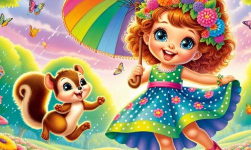 O fetiță de 6 ani, pe nume Mara, cu ochi mari și strălucitori și păr castaniu ondulat, dansează cu bucurie într-o poieniță colorată, ținând o umbrelă mare decorată cu flori și animale. Ea poartă o rochie cu buline multicolore și are un zâmbet strălucitor, plină de entuziasm și curiozitate. Lângă ea, Tico, o veveriță jucăușă cu o pălărie mică de paie, sare de bucurie, cu lăbuțele în aer, râzând. El este puțin mai mic decât Mara și pare foarte încântat să se joace cu ea. Decorul este o poieniță fermecată, plină de flori strălucitoare, fluturi care zboară în jur și copaci majestuoși care conturează scena, creând o atmosferă magică și veselă. Situația principală arată cum Mara și Tico se joacă un joc de sărituri cu umbrelele lor colorate, amândoi râzând și distrându-se sub un cer albastru deschis, luminat de soarele blând al serii.