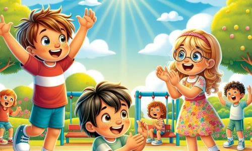 Três crianças estão no centro de um playground ensolarado. À esquerda, Lucas, um garoto de 9 anos com cabelos castanhos bagunçados e um grande sorriso, usa uma camiseta vermelha e um short azul, levantando os braços em sinal de vitória. À direita, Sofia, uma menina de 8 anos com tranças loiras e óculos redondos, veste um vestido florido e aplaude entusiasticamente. No centro, Pedro, um garoto de 9 anos com cabelos negros e sardas, está se levantando após uma queda, exibindo um olhar determinado apesar de uma leve careta. O local é um playground vibrante, cercado por árvores verdes e flores coloridas. Ao fundo, outras crianças brincam e um céu azul com nuvens brancas flutua. A cena mostra os três amigos celebrando uma vitória após um jogo, ilustrando a força de sua amizade e apoio mútuo, com expressões de alegria, determinação e espírito de equipe.