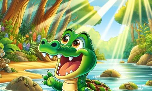 Um jovem crocodilo chamado Cadu, com pele verde brilhante e olhos curiosos, nada alegremente em um rio de águas cintilantes, suas escamas refletindo a luz do sol. Ele exibe um largo sorriso, transbordando de emoção e aventura. Perto dele, uma velha tartaruga sábia, com uma carapaça adornada por padrões naturais e olhos suaves, observa Cadu com um olhar benevolente, sentada em uma pedra à beira do rio. O cenário é uma floresta exuberante, com árvores majestosas de folhas verdes vibrantes, flores coloridas espalhadas nas margens e raios de sol filtrando através da folhagem, criando uma atmosfera mágica. A cena mostra Cadu mergulhando na água, pronto para explorar os mistérios do rio, enquanto a tartaruga sorri, pronta para compartilhar sua sabedoria.