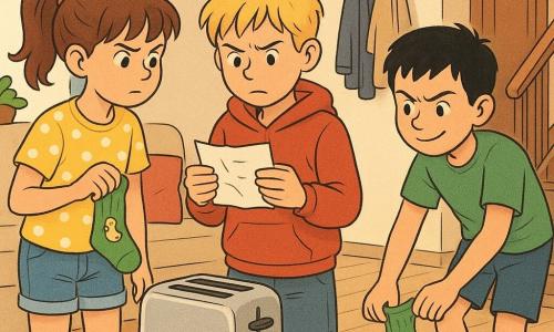Drie kinderen van ongeveer 10 jaar: links een meisje met bruin paardenstaartje, geel t-shirt met witte stippen en korte jeans dat een groene sok met een eendje vasthoudt en vastberaden kijkt; in het midden een jongen met blonde, warrige haren, rood hoodiesweat en blauwe short die een verkreukeld briefje leest voor een oude zilverkleurige broodrooster; rechts een jongen met kort zwart haar en groen t-shirt die onderaan de trap aan een andere sok trekt met een speelse houding. Binnenin een warm verlichte familiewoonkamer met licht houten vloer, beige bank en gekleurde kussens, salontafel met verspreide Lego en een kapstok bij de deur. De drie onderzoeken samen een verdwenen sok: de broodrooster heeft net een klein briefje uitgespuugd en ze staan in een driehoek rond het woord, nieuwsgierig en opgewonden in een vrolijke, licht chaotische stripachtige scène.