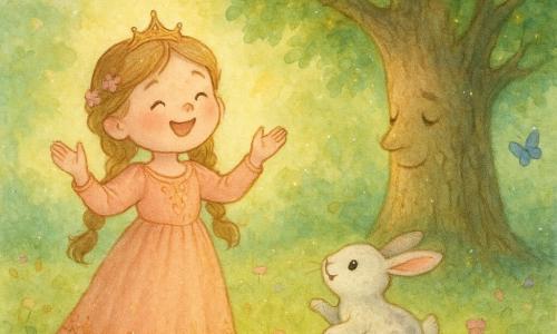 Princesa: niña de rostro redondo y sonrisa radiante, cabello castaño claro en trenzas con pequeñas flores rosadas, vestido largo color melocotón con bordados dorados, canta alegremente frente a un gran árbol; pequeño conejo blanco moteado de gris con ojos negros brillantes salta junto a sus pies, lleno de esperanza; árbol gigante de tronco ancho y agrietado con ramas cubiertas de hojas verde esmeralda y pequeñas luces doradas inclina su copa hacia la princesa; claro del bosque encantado con musgo y flores, rayos de sol dorados, mariposas violetas y azules, ambiente tierno y tranquilo en tonos pastel con texturas tipo acuarela y luces brillantes.