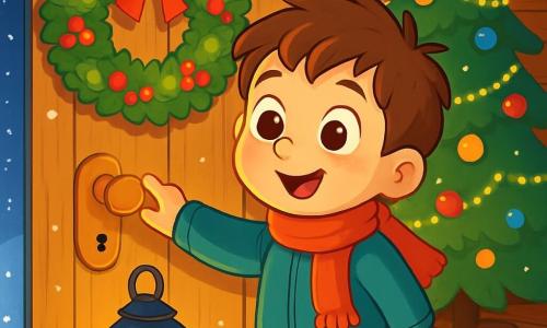 Ein 6-jähriger Junge namens Emil, mit zerzausten kastanienbraunen Haaren und großen, neugierigen Augen, steht vor einer Holztür, die mit einem wunderschönen Weihnachtskranz geschmückt ist. Er lächelt staunend, seine Wangen sind durch die Kälte gerötet, während er eine kleine Hand ausstreckt, um die Tür zu öffnen. Neben ihm strahlt ein sanftes goldenes Licht aus einer Laterne, das sein fröhliches Gesicht erleuchtet. Hinter Emil steht ein großer Weihnachtsbaum, der majestätisch im Raum steht und mit glitzernden Girlanden und bunten Kugeln geschmückt ist. Der Raum ist warm und einladend, mit Holzwänden und einem weichen Teppich. Die Hauptsituation zeigt Emil, der ungeduldig und erstaunt ist, bereit, die Tür zu öffnen, um die Magie der Weihnachtsnacht zu entdecken, während draußen sanft Schneeflocken fallen und eine märchenhafte Landschaft schaffen.