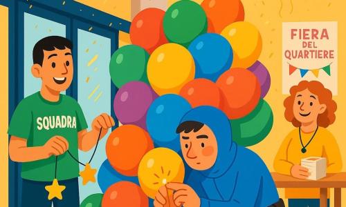 Un uomo, Leo, concentrato e un po' imbarazzato con il volto arrossato sotto una piccola cagoule e capelli castani visibili, vestito con una tuta blu semplice e una cintura troppo carica, è accovacciato e usa una piccola scintilla arancione tra due dita per sigillare un nastro di palloncini; una donna, Marta, circa 40 anni, capelli ricci rossicci e sorriso caldo, in giallo con un fischietto al collo, tiene una scatola di volantini e sta dietro a Leo vicino a un tavolo; un ragazzo, Sami, circa 16 anni, maglietta verde «SQUADRA» e capelli corti neri, a sinistra, aiuta a fissare un grappolo di palloncini con piccoli pesi a forma di stella. I personaggi sono vicini in mezzo a molti palloncini, in una sala associativa luminosa con grandi porte automatiche, tavoli in legno chiaro, bandierine e poster «Fiera del Quartiere»: scena vivace e comica con palloncini sovradimensionati, alcuni che volano verso la porta, scintille dorate e il gruppo che lavora insieme mentre Leo maneggia la scintilla senza causare danni; stile grafico nitido, forme semplici, colori saturi e contrastati, ombre leggere, composizione centrata sul trio.