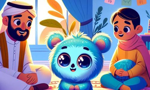An illustration depicts a small Puffaroo, a plush character with sparkling blue fur and large curious eyes. It has a hopeful and determined expression, sitting in a cozy living room surrounded by colorful cushions while talking to its parents. The father, a man with brown hair and a soft beard, looks surprised yet attentive, listening to his child with a tender gaze. The mother, a woman with long blonde hair, has an emotional expression, tears of joy in her eyes, smiling warmly at her son. The main setting is a welcoming living room decorated in bright colors, with walls adorned with children's drawings and a large fluffy rug where they sit. Soft light filters through a window, creating a warm and comforting atmosphere. The main situation shows the small Puffaroo expressing feelings to its parents, seeking to bring them together after difficult times. Other graphic elements include toys scattered on the floor, a board game in progress on the table, and rays of sunlight illuminating the scene, symbolizing hope and family reconciliation.