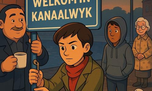 Noor, vrouwelijke detective van ongeveer 30 jaar met kort bruin haar, kaki mantel en rode sjaal, concentreerde en sereen, draait de laatste schroef van het bord "WELKOM IN KANAALWYK" met een kleine sleutel; agent Vermeer, stevig man van circa 50 jaar in donkere jas met een kop koffie, houdt het bord links van Noor recht en kijkt opgelucht; Daan, schuchtere tiener van ~16 met grijze capuchon en modderige schoenen, kijkt van rechts toe met handen in de zakken en schuldbewust gezicht; mevrouw Koster, klein oud dametje van ~70 in een gestippelde jas met haar witte terriër aan haar voeten, kijkt trots vanaf de achtergrond; locatie: natte stadsrotonde aan een kanaal met natte rode bakstenen, platgelopen gras en sporen van kleine wielen, metalen lantaarns en zilveren reflecties in het water; sfeer: kalm, heroïsch schemerlicht tijdens een rustige reparatie na een diefstal, zachte straatlampen creëren lange schaduwen en glanzende vlakken op verse verf; stijl: gestileerde 3D cartoon met cel-shading, scherpe texturen, zuivere lijnen en duidelijke expressies.