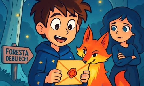 Elian, un giovane mago dai capelli arruffati e dagli occhi brillanti di curiosità, si trova al centro della scena, tenendo una lettera dorata nelle mani tremanti di eccitazione. Indossa una veste da mago blu notte decorata con stelle scintillanti, e il suo volto esprime determinazione e apprensione. Accanto a lui, Lira, una volpe magica dai peli cangianti, osserva con uno sguardo malizioso, pronta ad aiutarlo in questa avventura. Myra, una streghetta di dodici anni con capelli ondulati e occhi brillanti come zaffiri, è leggermente in disparte, con le braccia incrociate e un'espressione di preoccupazione. La scena si svolge nella misteriosa Foresta degli Echi, dove alberi maestosi con tronchi argentati si ergono verso un cielo stellato, illuminato da lucciole danzanti. Leggere nebbie fluttuano tra le radici, aggiungendo un tocco di magia all'atmosfera. Elian, Lira e Myra si preparano a scoprire il segreto della Congrega degli Incanti Perduti, mentre una dolce melodia risuona nell'aria, come un invito all'avventura.