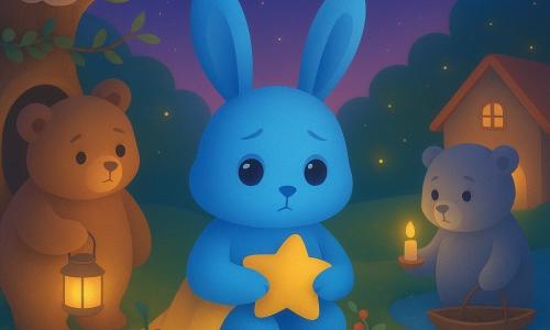 La protagonista è una piccola creatura pelosa blu chiamata Lila, con grandi orecchie lunghe e occhi rotondi brillanti, espressione malinconica ma dolce, seduta al centro con la sua coperta gialla e un cuscino a forma di stella; la madre è una creatura dalla pelliccia bruna, rotonda, dal volto tenero ma leggermente triste, in piedi a sinistra vicino alla tana nell'albero con una lanterna gialla, mentre il padre è una creatura dalla pelliccia grigia, dalla silhouette calma e rassicurante, in piedi a destra vicino a una piccola casa sul ruscello con una barchetta di corteccia e una candela; la scena si svolge in una radura tra le due dimore: a sinistra una tana sotto un vecchio castagno decorata con nuvole e ghirlande di foglie, a destra una casetta sul ruscello con lanterne e barchette, su un tappeto di muschio e sotto un cielo crepuscolare pieno di stelle e lucciole; Lila unisce le due case tenendo due identiche ghirlande di foglie e bacche rosse, simbolo del legame tra i genitori nonostante la separazione; atmosfera calda e tenera, illuminazione soffusa da lanterne, colori pastello e texture morbide, composizione centrata con emozioni visibili sui volti.