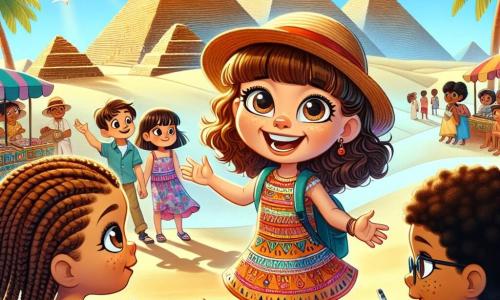 Ein 6-jähriges Mädchen, Lina, mit großen, funkelnden Augen und lockigem, braunem Haar, lächelt voller Staunen, während sie vor den majestätischen Pyramiden Ägyptens steht. Sie trägt ein buntes Kleid und einen Strohhut und hebt die Arme vor Freude, bereit zum Erkunden. Neben ihr steht ihre beste Freundin Mia, ein 6-jähriges Mädchen mit geflochtenem, blondem Haar, die bewundernd die Pyramiden betrachtet und eine kleine Kamera in den Händen hält. Etwas weiter entfernt macht Tom, ein 6-jähriger Junge mit Brille und braunem Haar, Notizen in einem Notizbuch, während Ben, ein anderer 6-jähriger Junge mit schwarzen Haaren und Sommersprossen, sich bückt, um alte Steine auf dem Boden zu untersuchen. Die Kulisse ist geprägt von goldenen Sanddünen unter einem strahlend blauen Himmel, mit grünen Palmen und bunten Märkten im Hintergrund. Die Szene strahlt eine Atmosphäre von Abenteuer und Entdeckung aus, in der die Aufregung der Kinder mit der Größe der Pyramiden, Symbole einer alten und faszinierenden Geschichte, verschmilzt.