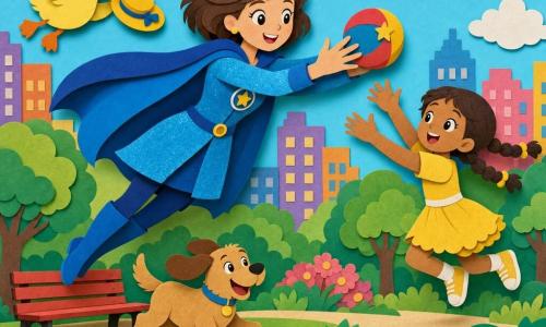 Uma super-heroína sorridente e benevolente, de casaco azul brilhante e capa esvoaçante, cabelos curtos castanhos, voa pouco acima do solo estendendo os braços para apanhar uma bola voadora; à sua direita uma menina de cerca de 6 anos, cabelos em tranças e vestido amarelo, espera surpresa a bola pela metade no ar; ao pé da heroína um pequeno cão castanho claro de orelhas caídas abana a cauda feliz; à esquerda um pato amarelo com um pequeno chapéu voa batendo as asas e segura o chapéu recuperado no bico. Parque urbano ensolarado com relvado verde, banco vermelho, árvores arredondadas e prédios coloridos ao fundo; cena alegre de resgate de brinquedos, cores vivas, contrastes nítidos e formas simples em estilo recorte de papel, luz solar suave e sombras leves.