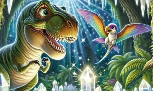 Tyrannosaurus Rex o zielono-brązowym futrze, z dużymi błyszczącymi oczami i ciekawym uśmiechem, stoi w centrum tajemniczej jaskini, otoczony migoczącymi kryształami emitującymi delikatne światło. Rex, z wyrazem zachwytu na twarzy, wyciąga łapę w stronę intensywnie świecącego kryształu. Obok niego unosi się młody pterodaktyl o imieniu Piko, z kolorowymi skrzydłami i zaniepokojonym spojrzeniem, obserwując scenę. W tle bujne paprocie i pokryte mchem skały dodają magii otoczeniu. Główna sytuacja pokazuje Rexa odkrywającego magię kryształów, gotowego podzielić się tą niesamowitą przygodą z przyjaciółmi.