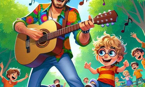 Un hombre llamado Pablo, de unos treinta años, con cabello rizado y barba bien cuidada, toca la guitarra con una gran sonrisa en su rostro. Lleva una camisa colorida y pantalones de mezclilla, y sus ojos brillan de alegría mientras comparte su pasión por la música. A su lado, un niño llamado Lucas, de unos 8 años, con cabello rubio alborotado y gafas redondas, sostiene una pequeña guitarra y baila alegremente, sus ojos brillando de emoción. Están en un parque verde, rodeados de árboles con hojas brillantes y flores coloridas, con niños que los miran y bailan a su alrededor. La escena representa un concierto improvisado, donde la música resuena en el aire, creando una atmósfera festiva y alegre, llena de risas y felicidad.