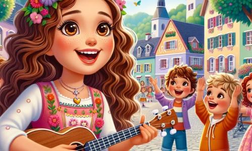 En el centro de la imagen, Sofía, una joven de unos 12 años, tiene largos cabellos castaños ondulados y una gran sonrisa que irradia alegría. Lleva un vestido colorido adornado con flores y sostiene un ukulele brillante en sus manos, con los ojos brillantes de emoción mientras canta con pasión. A su derecha, Lucas, un niño de 10 años con cabello rubio desordenado y gafas redondas, aplaude con entusiasmo, con la boca abierta en una gran sonrisa. A su izquierda, Ana, una niña de 11 años con rizos pelirrojos y pecas, baila alegremente, con los brazos levantados hacia el cielo, llena de energía y felicidad. La escena tiene lugar en una encantadora plaza del pueblo, rodeada de casas coloridas y grandes árboles verdes, donde flores multicolores bordean el camino. Niños y adultos están reunidos alrededor, todos cautivados por la música. Sofía y sus amigos están dando un concierto, cantando una canción alegre sobre la amistad y la protección de la naturaleza, mientras el sol brilla y los pájaros vuelan en el cielo azul, creando una atmósfera festiva y cálida.