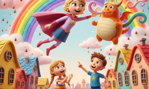 Stella Luce, donna supereroina gioiosa con mantello stellato, capelli corti biondi e grandi occhi brillanti, vola sorridendo e tende la mano verso un arcobaleno; accanto a lei un drago arancione, rotondo e buffo, con occhi vivaci soffia archi colorati e nuvole di zucchero filato; una bambina di circa 5 anni con trecce e vestito a righe guarda stupita e applaude, un bambino di circa 6 anni con capelli castani e pantaloni blu salta di gioia indicando il cielo; la città di Sorrisi con casette colorate dai tetti curvi, strada lastricata multicolore, nuvole rosa e bianche e una pioggia di gocce di cioccolato scintillanti; scena principale: Stella e il drago creano insieme un grande arcobaleno sopra la città, atmosfera calda, colori vivaci ed espressioni felici