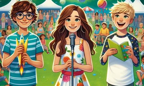 Three friends, a 12-year-old boy named Alex, a 12-year-old girl named Mia, and a 12-year-old boy named Sam, stand on an outdoor stage at a community festival. Alex, with messy brown hair and glasses, smiles enthusiastically while holding a paper rocket model. Mia, with long brown hair in a colorful dress, reads a poem with pride on her face. Sam, with blonde hair and a patterned t-shirt, juggles colorful balls, laughing joyfully. The setting is a green park filled with families and children, featuring colorful stalls, floating balloons, and twinkling lights. The blue, sunny sky creates a festive atmosphere. The main scene shows the three friends, beaming with confidence, sharing their talents with the audience, celebrating their friendship and courage to face their fears together.
