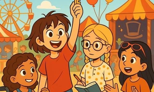 Four girls, aged 10 to 12, stand at the center of a lively scene. Mia, an 11-year-old with messy brown hair and a big smile, wears a red t-shirt and denim shorts, holding a shiny key with sparkling eyes. Next to her, Zoe, a 12-year-old with braided blonde hair, wears a polka-dot blouse and glasses, attentively looking at a notebook, ready to take notes. Ava, a 10-year-old in a wheelchair with curly hair, wears a blue dress and smiles determinedly while holding a colorful ribbon. Finally, Lily, an 11-year-old with black hair and sunglasses, animatedly tells a story, captivating her friends' attention. The setting is a vibrant carnival with colorful tents, twinkling lights, and balloons floating in the blue sky. Children laugh and play around them as a large carousel spins in the background, adding a touch of magic to the atmosphere. The girls are in front of a magic booth where a magician has recently revealed a mystery. They enthusiastically discuss the key found by Mia, which could help them solve the mystery of the missing carnival prize. The scene radiates excitement and friendship, illustrating their investigative spirit and determination to uncover the truth.