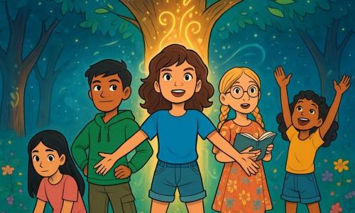 There are 5 characters: Kara, a 12-year-old girl with wavy brown hair and sparkling eyes, wearing a blue t-shirt and denim shorts, stands in the center with arms open, full of determination. Ganesh, a 12-year-old boy with short black hair and tanned skin, wears a green sweatshirt and cargo pants, slightly forward with hands on hips, showing confidence. Cloe, a 12-year-old girl with braided blonde hair and round glasses, wears a floral dress and stands slightly back, holding an open book with wide eyes of wonder. Vineetra, an 11-year-old girl with long, straight black hair, is on the left in a pink t-shirt and sports pants, hands on the ground surrounded by small plants. Kria, a 10-year-old girl with curly hair and a small fringe, wears a yellow t-shirt and denim shorts, on the right raising her arms to the sky as if controlling the wind. The setting is a magical park filled with large trees covered in glowing symbols, shimmering leaves under the moonlight, and colorful flowers creating a vibrant carpet on the ground. At the center, a majestic tree shines with a soft, warm light, emitting palpable energy. The main situation shows the children standing together around the glowing tree, ready to face their fears, as a gentle wind rustles the leaves, surrounded by a magical aura symbolizing their unity and determination to protect the park's magic.