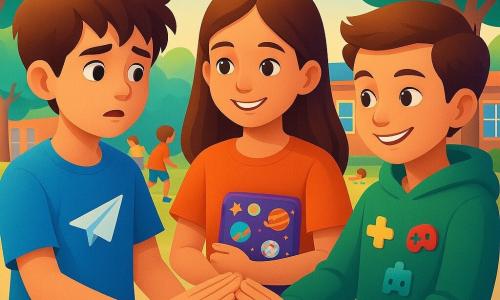 Um menino de 10 anos, chamado Miguel, está no pátio da escola, com um rosto curioso e ligeiramente nervoso. Ele tem cabelos castanhos despenteados e veste uma camiseta azul com um desenho de avião de papel. Ao lado dele, uma menina de 10 anos, Ana, sorri calorosamente, segurando um estojo colorido com adesivos de planetas. Um menino de 11 anos, Tiago, está à frente deles, vestindo um moletom com patches de videogames, olhos brilhando de travessura. O pátio da escola é animado, com árvores verdes, bancos coloridos e crianças brincando ao redor. A cena principal mostra Miguel e seus amigos formando uma 
